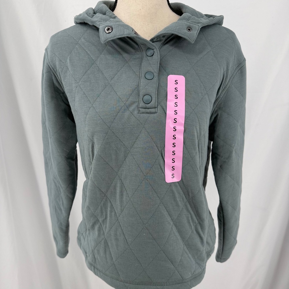 Lands End Womens Quilted Snap Neck Hoodie Light Blue Gray Small NEW